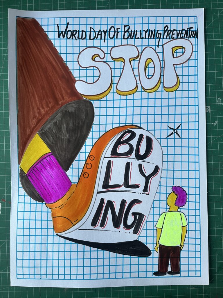 Hand-drawn Stop Bullying poster for students raising awareness about anti-bullying in schools and colleges