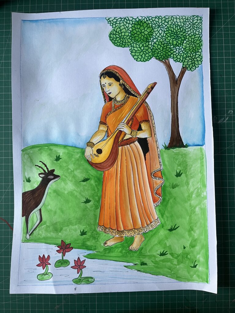 Hand-painted portrait of Mira Bai singing devotional bhajans with a veena and traditional Rajasthani attire