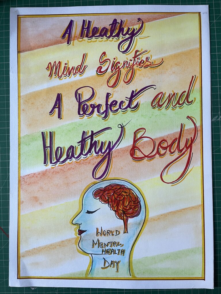 Hand-drawn World Mental Health Day poster for students promoting mental wellbeing and awareness in schools and colleges