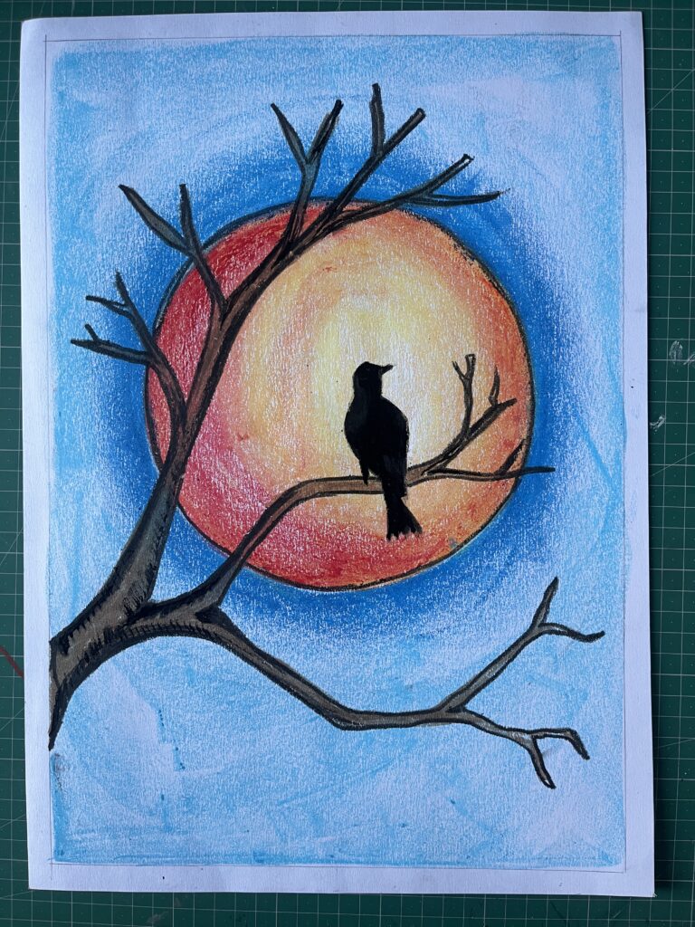 Watercolor painting of colorful birds sitting on branches, hand-painted with soft artistic details