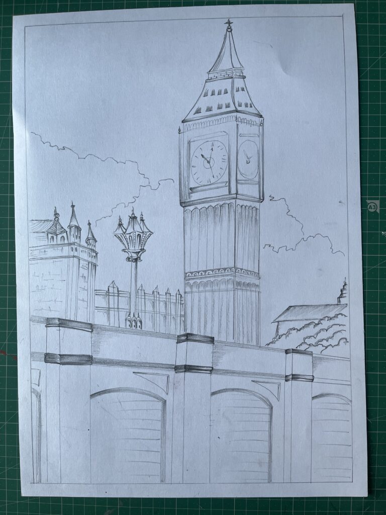 Hand-drawn Big Ben pencil sketch showing detailed architectural line work and shading