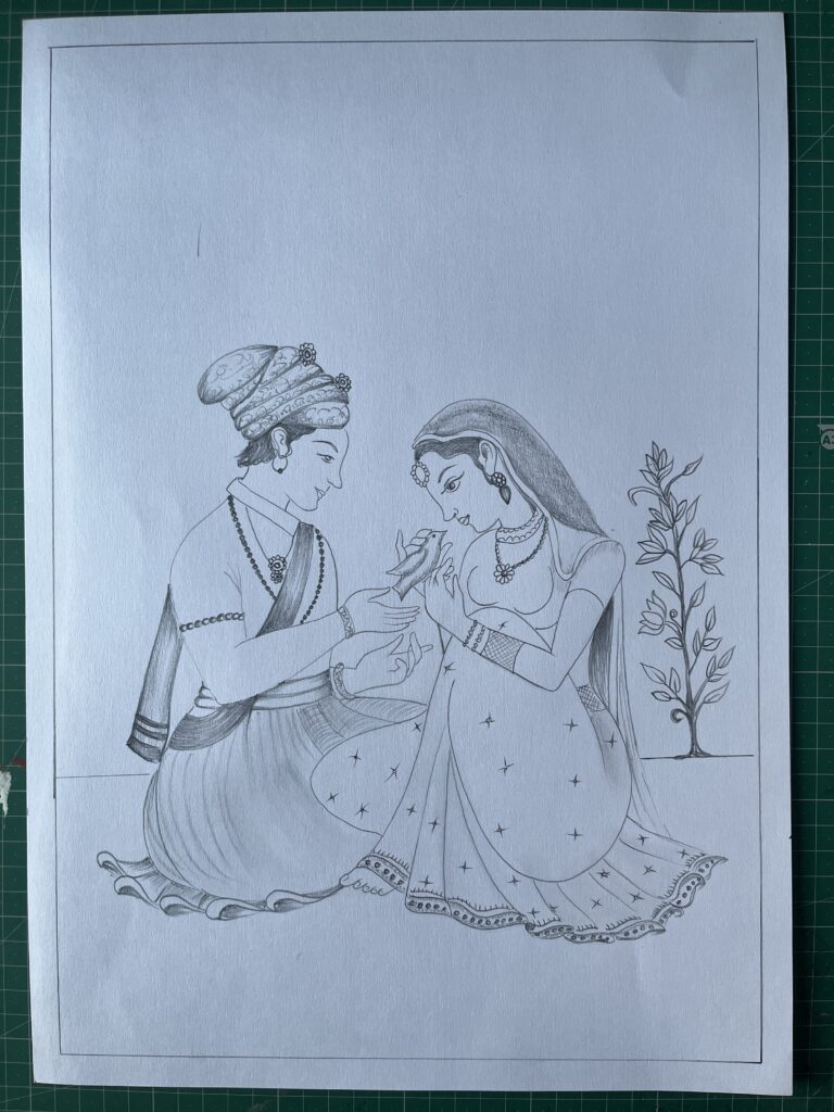 Handmade pencil sketch of a royal Indian couple in traditional attire inspired by Mughal art