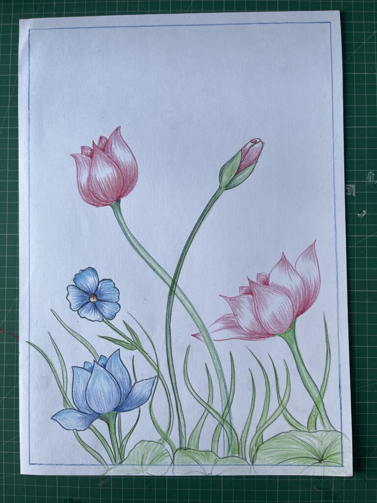 Realistic flower sketch drawn with graphite pencils showcasing fine shading and floral details