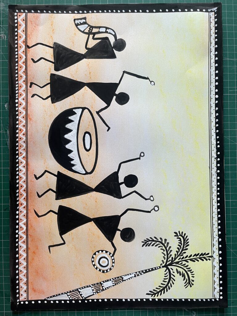 Handmade Warli art painting of tribal musicians and dancers with traditional instruments