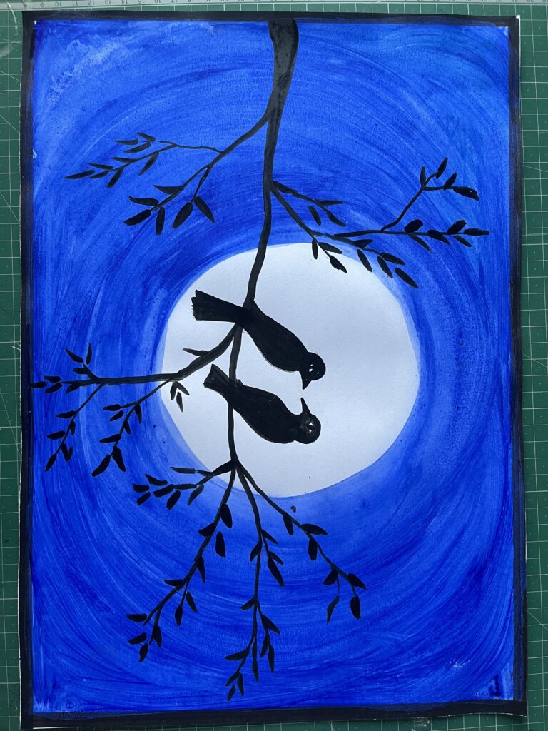 Watercolor painting of colorful birds sitting on branches, hand-painted with soft artistic details