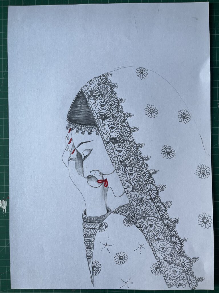 Handmade pencil sketch of an Indian bride with detailed dupatta design and red highlights