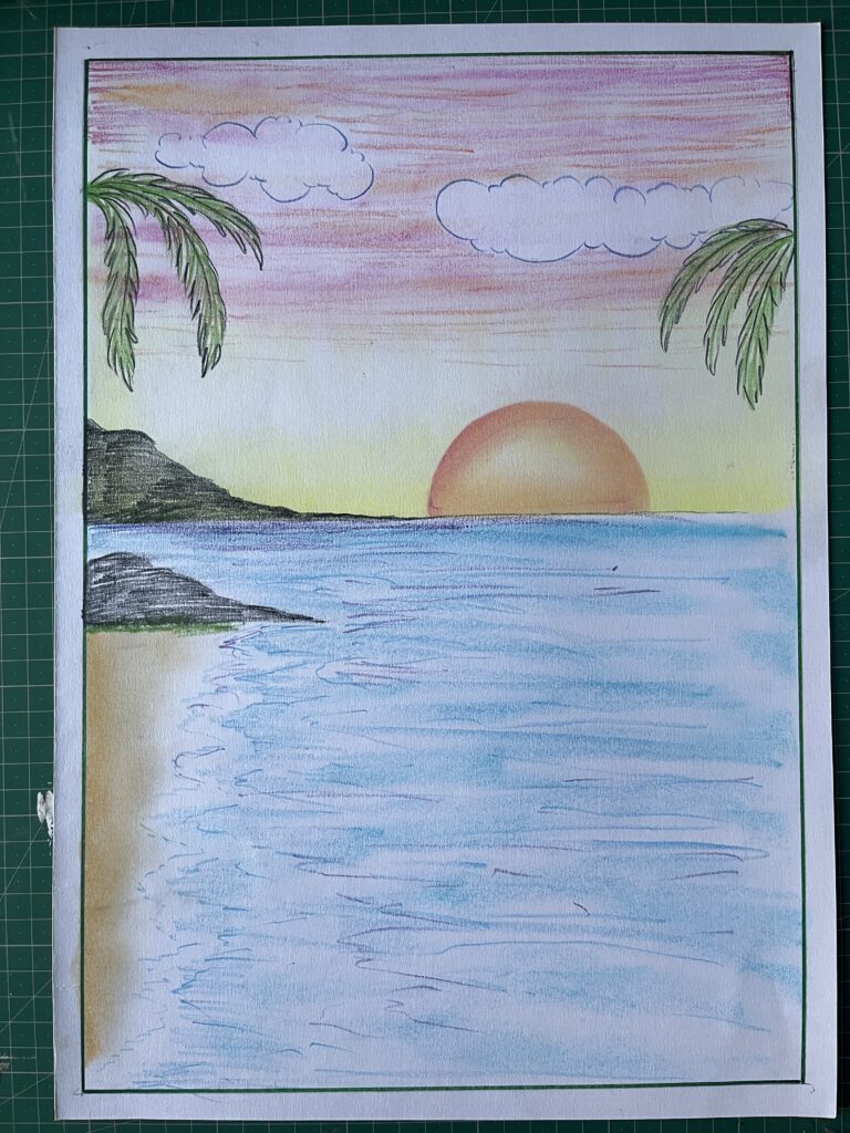 Sunset landscape drawing made with pencil colors, showing a colorful sky and natural scenery