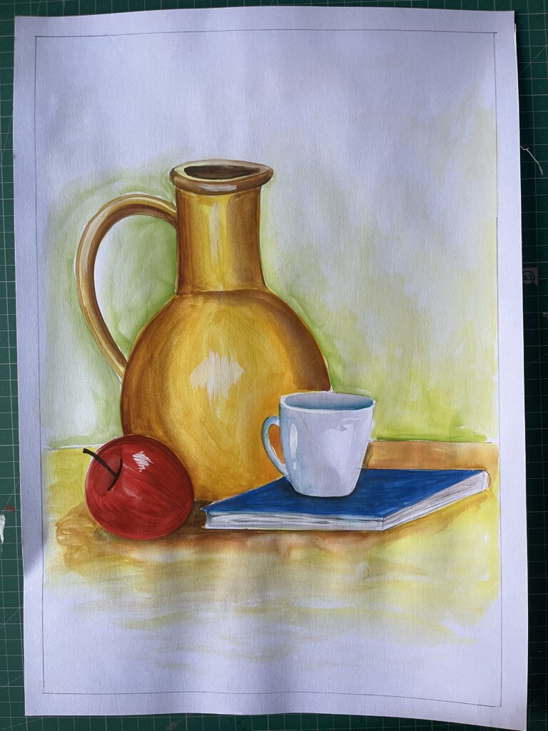 Still life painting of a jug, cup, apple, and book – handmade realistic artwork
