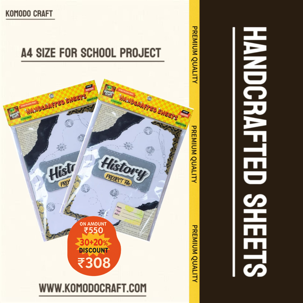 KOMODO Handcrafted Sheets / History / A4 Size Sheets / 180 GSM / Pack For 10 Sheets / Ideal For School Project , Stationery / Students